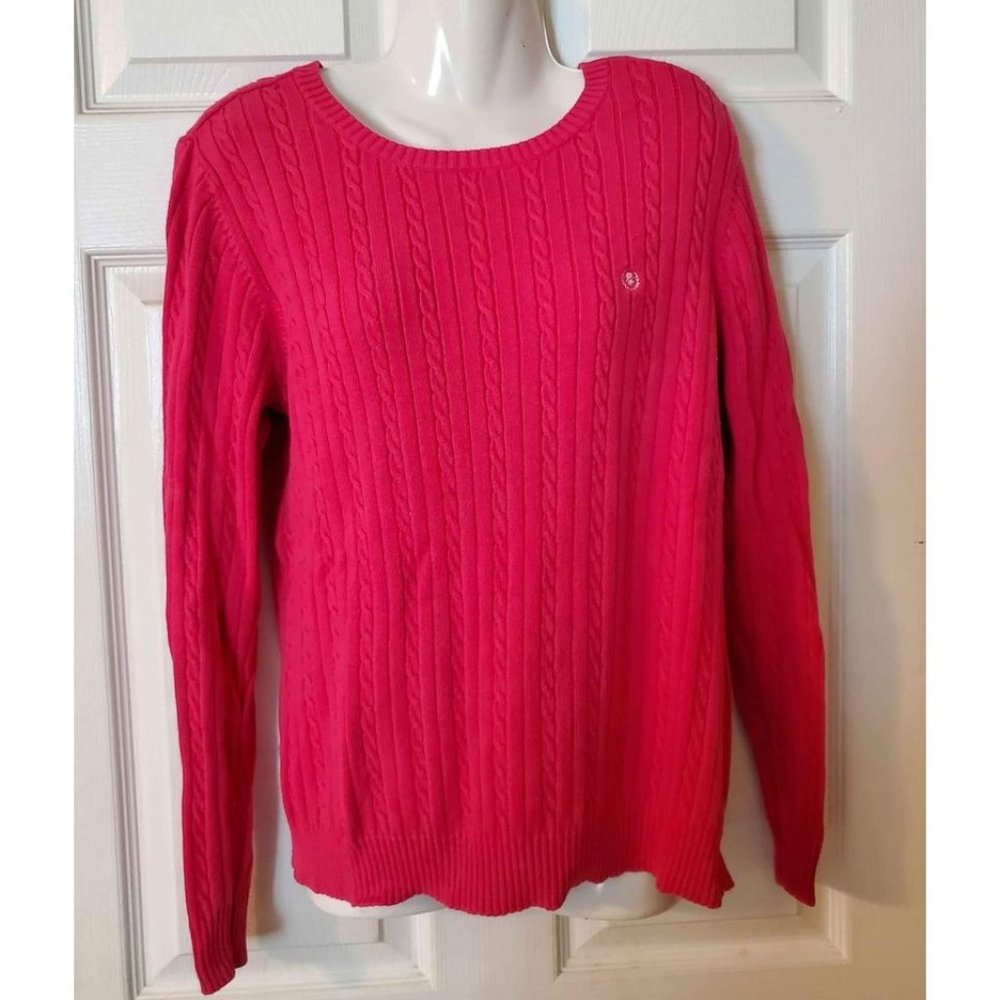 Women's Large Izod Pink Sweater Shirt Top Cable Knit Long Sleeve Round Neck